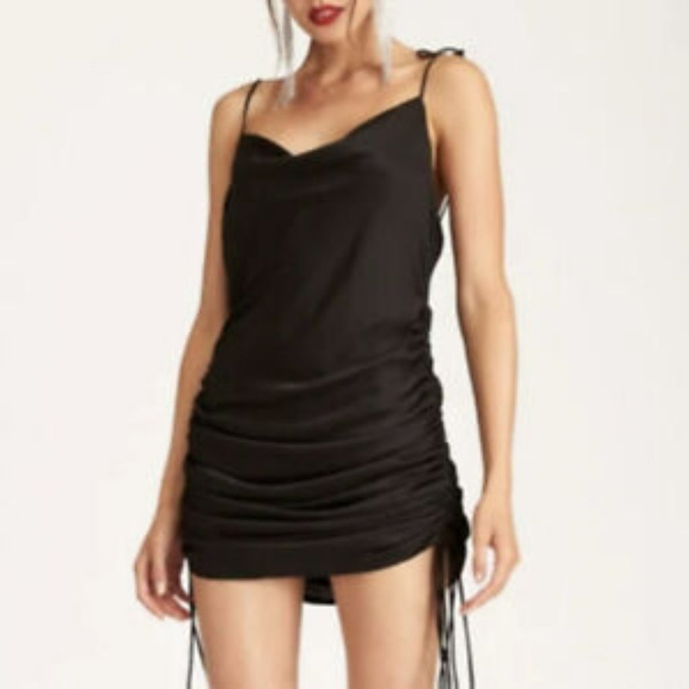 MESHKI Ruched Side Satin Tie Strap Mini Dress Black